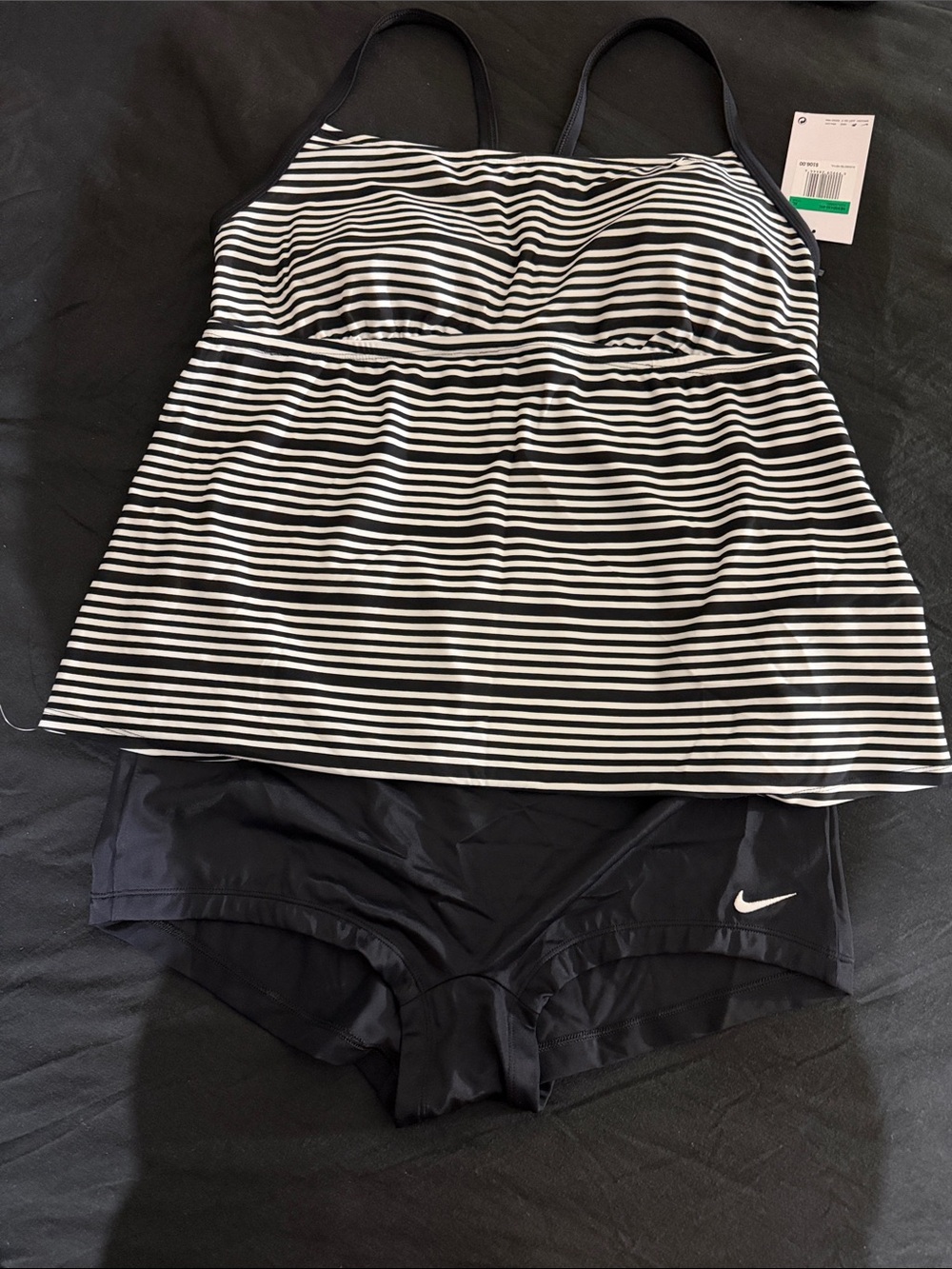 Nike Black and White Striped Tankini with Black Swim Shorts